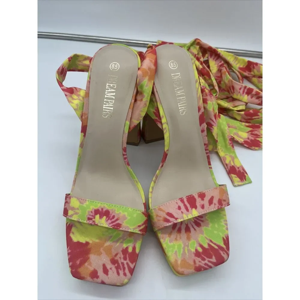 DREAM‎ PAIRS Women Heel Pump Sandals Leg Wrap Up Yellow Green Pink Tie-dye 8.5